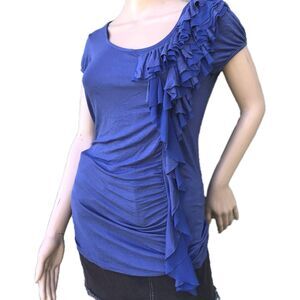 Vtg 90s Y2K Blue Puff Slv Top Dress Assymetric Mesh Ruffle L Coquette Fairy